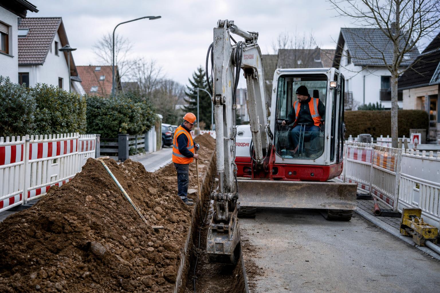 Tiefbau-Baustelle mit Glasfaserausbau bei Sonnenuntergang